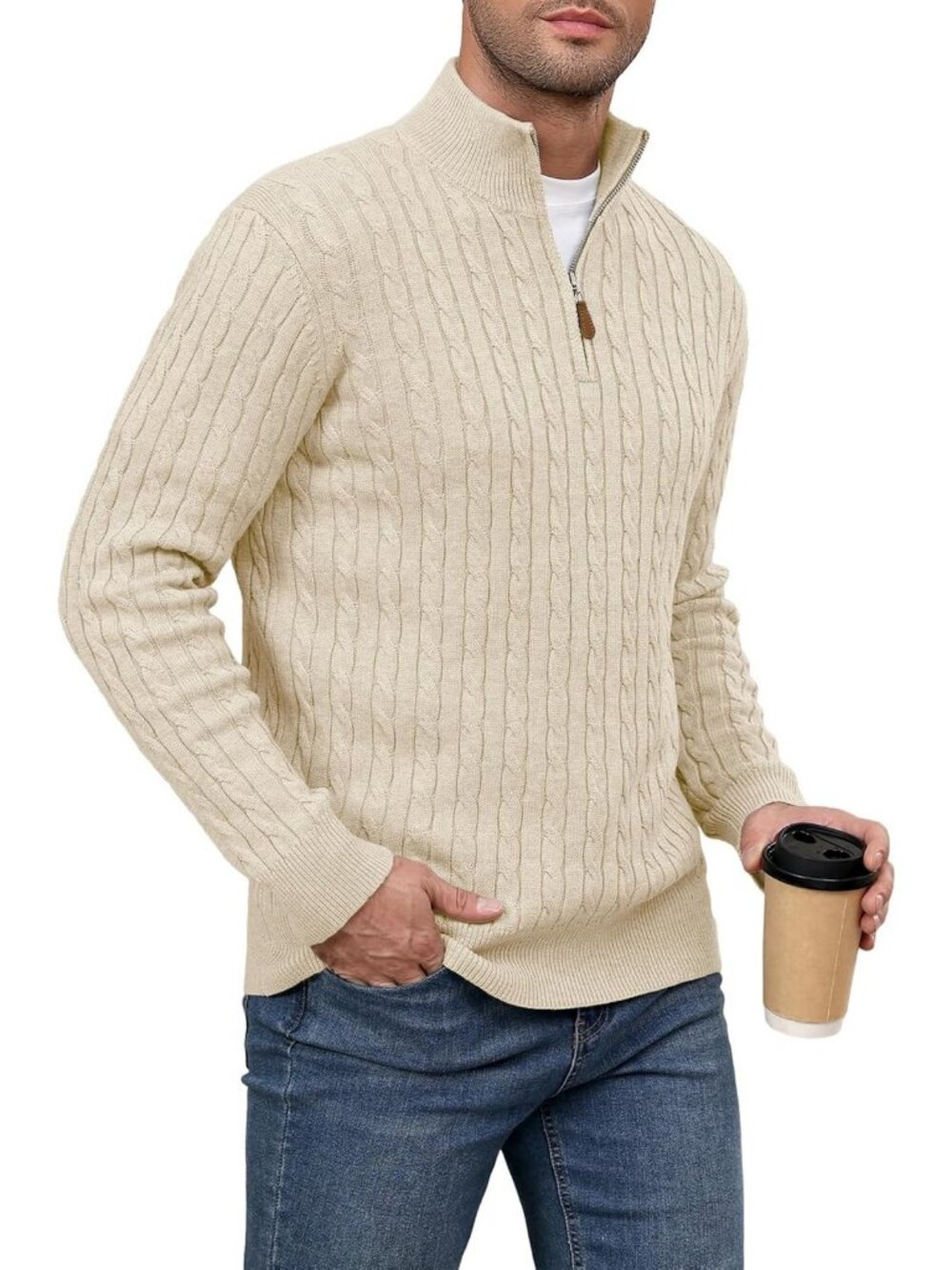 Men's Quarter Zip Pullover Sweater - Cable Knit, Textured, Stand Collar, Polo